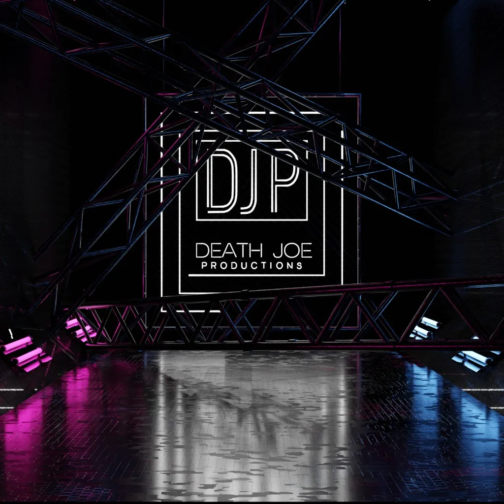 Death Joe Productions logo render — DJP lettering on a dark stage with truss lighting and neon floor reflections